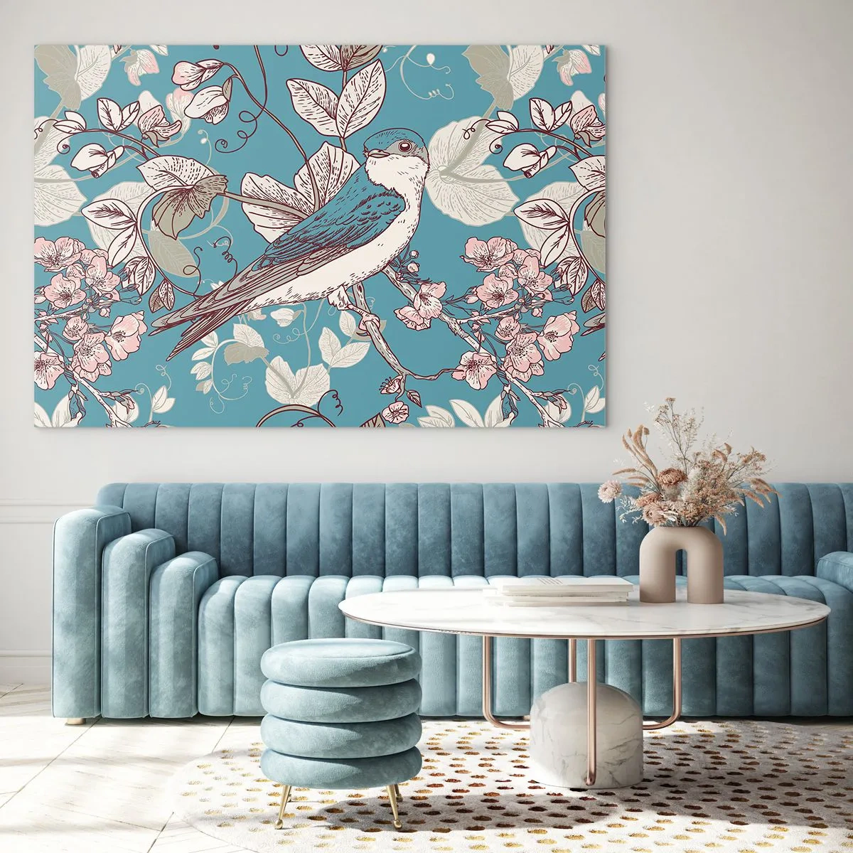 Cuadro sobre vidrio - Impresiones sobre Vidrio - Un pájaro en una rama entre flores sobre un fondo turquesa. - 70x50cm - En el cerezo - Decoración de pared moderna para salón y dormitorio ARTTOR
