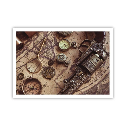 Póster - Objetos antiguos en un mapa antiguo en estilo retro. - 100x70cm - La aventura llama - Decoración de pared moderna para salón y dormitorio ARTTOR