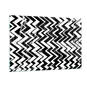 Cuadro sobre vidrio - Impresiones sobre Vidrio - Un patrón en zigzag en blanco y negro con una composición y textura dinámicas. - 120x80cm - Zig-blanco, zag-negro - Decoración de pared moderna para salón y dormitorio ARTTOR
