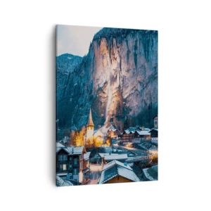 Cuadro sobre lienzo - Impresión de Imagen - Un pintoresco pueblo invernal rodeado de montañas. - 50x70cm - El espíritu luminoso del invierno - Decoración de pared moderna para salón y dormitorio ARTTOR