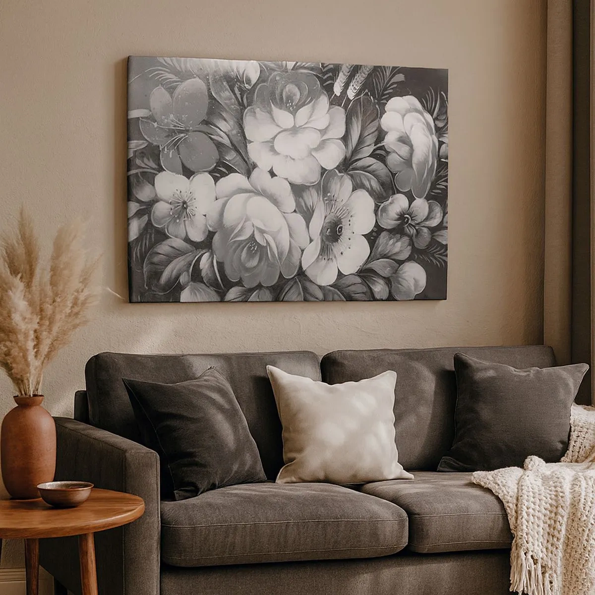 Cuadro sobre lienzo - Impresión de Imagen - Flores en blanco y negro en una composición clásica y elegante. - 70x50cm - Hermoso incluso en el gris - Decoración de pared moderna para salón y dormitorio ARTTOR