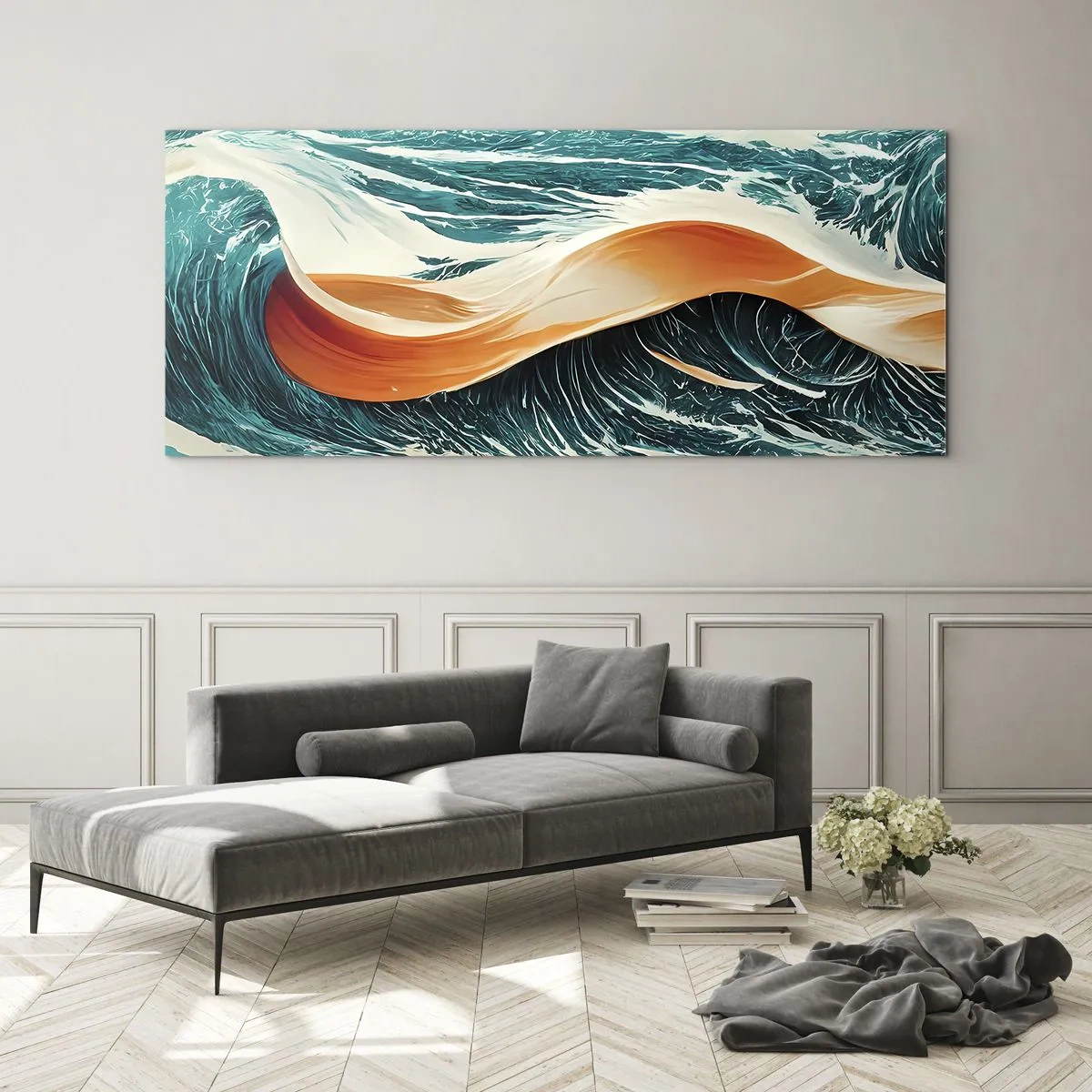 Cuadro sobre vidrio - Impresiones sobre Vidrio - Olas marinas dinámicas con cinta abstracta - 120x50cm - El sueño de un surfista - Decoración de pared moderna para salón y dormitorio ARTTOR