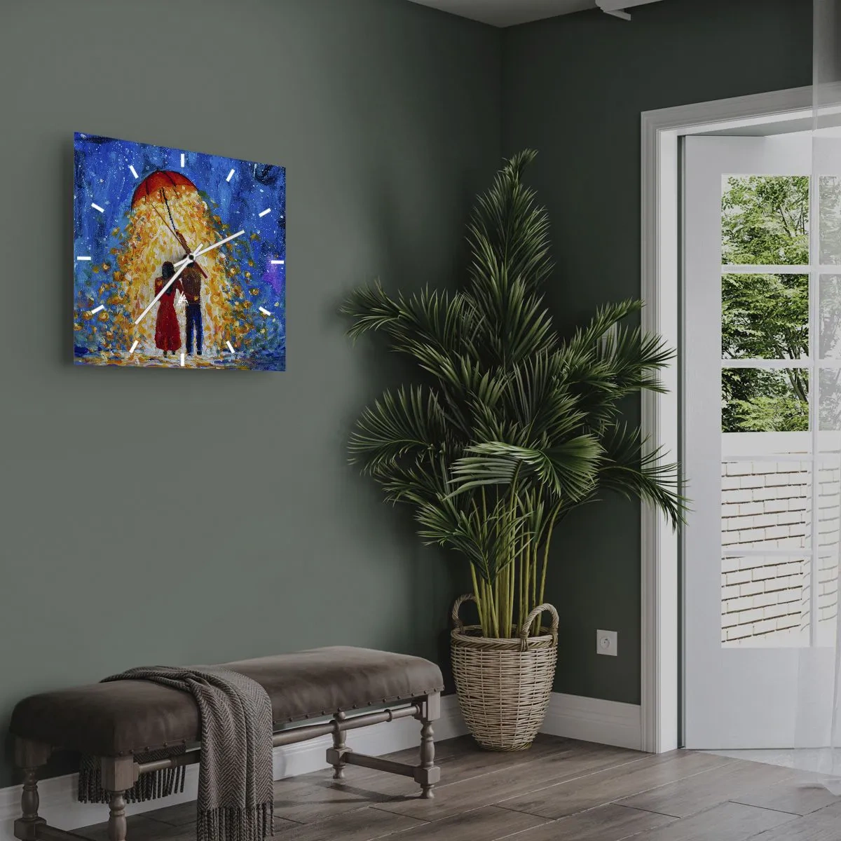 Reloj de pared - Reloj de vidrio - Una pareja bajo un paraguas rojo bajo la lluvia luminosa. - 30x30cm - La magia de una tarde lluviosa - Decoración de pared moderna para salón y dormitorio ARTTOR