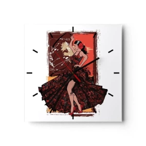 Reloj de pared - Reloj de vidrio - Una bailarina con un vestido rojo y negro sobre un fondo artístico. - 30x30cm - El ritmo del corazón - Decoración de pared moderna para salón y dormitorio ARTTOR