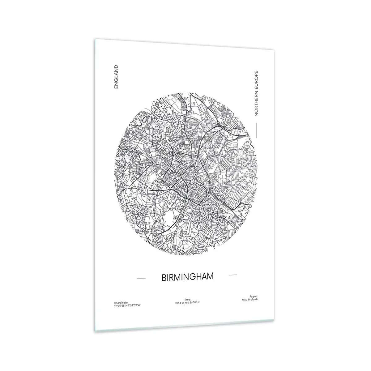 Cuadro sobre vidrio - Impresiones sobre Vidrio - Un mapa minimalista en blanco y negro de Birmingham con detalles precisos. - 70x100cm - Anatomía de Birmingham - Decoración de pared moderna para salón y dormitorio ARTTOR