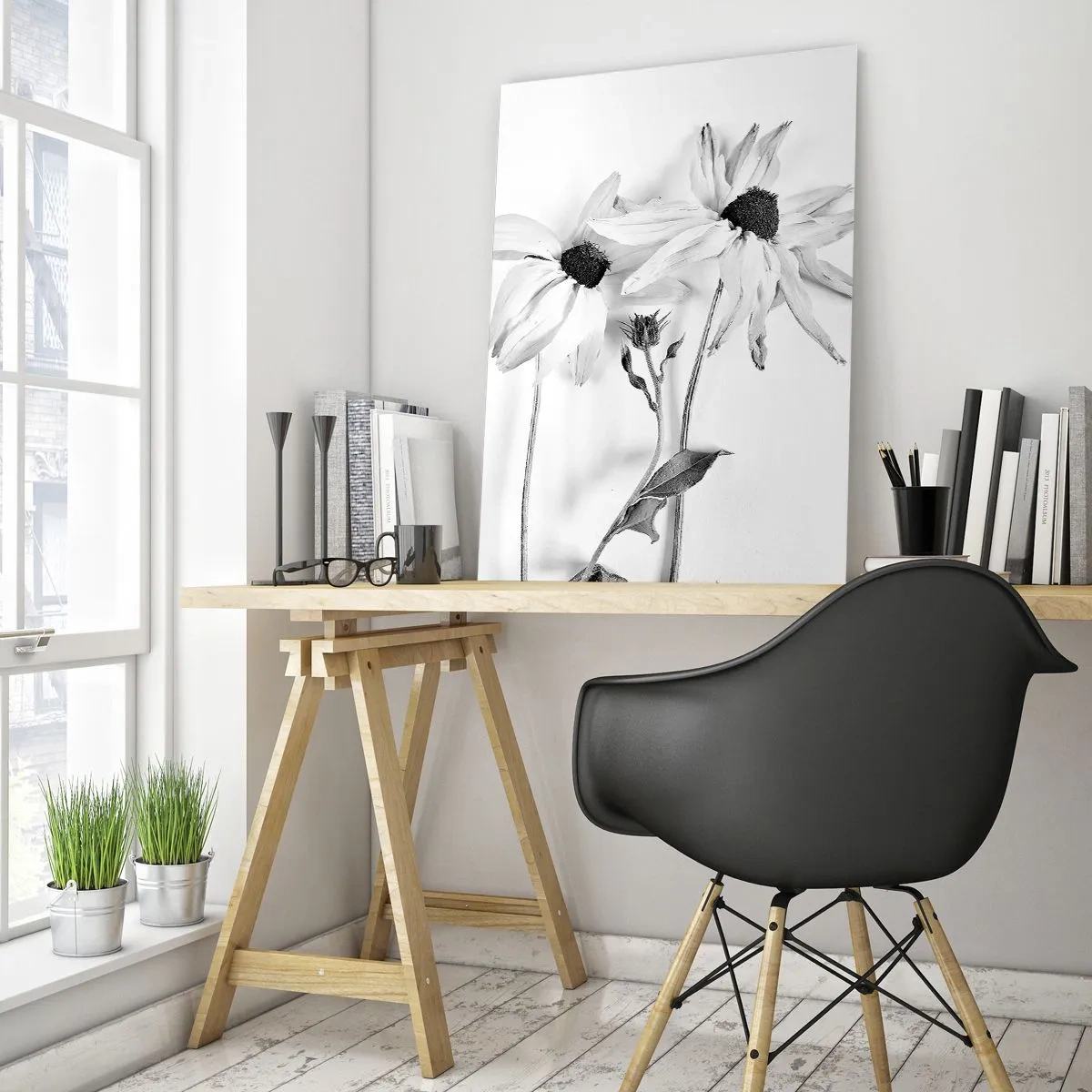 Cuadro sobre vidrio - Impresiones sobre Vidrio - Flores en blanco y negro con una composición sutil. - 80x120cm - Nadie quiere estar solo - Decoración de pared moderna para salón y dormitorio ARTTOR