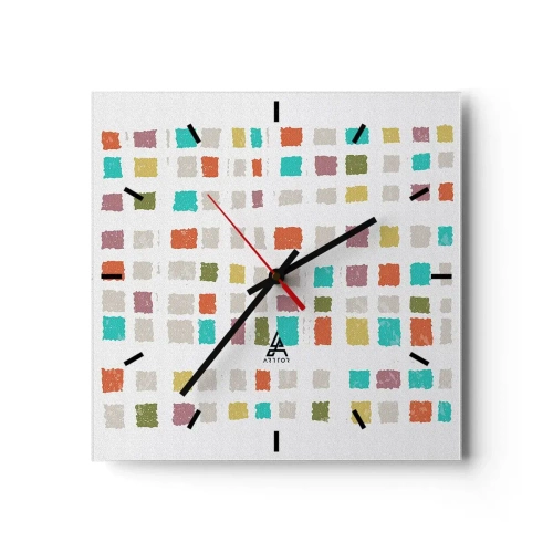 Reloj de pared - Reloj de vidrio - Cuadrados coloridos en una disposición minimalista sobre un fondo blanco. - 30x30cm - Juego desconocido - Decoración de pared moderna para salón y dormitorio ARTTOR