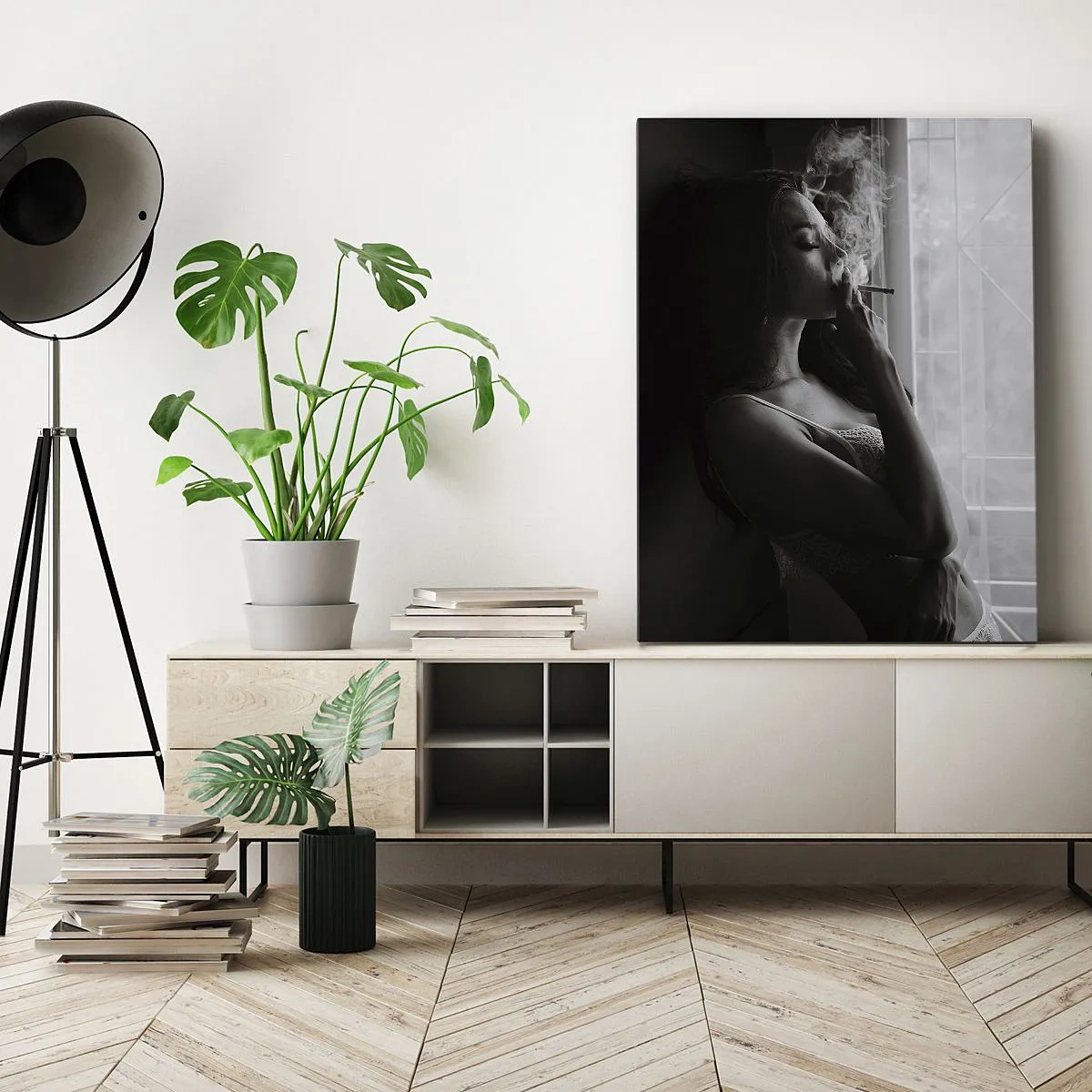 Cuadro sobre lienzo - Impresión de Imagen - Una mujer en una pose sensual en una fotografía en blanco y negro. - 50x70cm - Un momento sensual - Decoración de pared moderna para salón y dormitorio ARTTOR