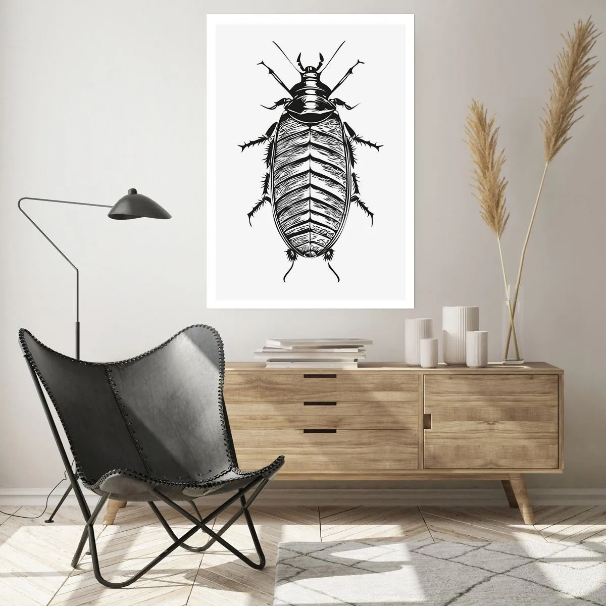 Póster - Ilustración en blanco y negro de un insecto en un estilo minorista. - 50x70cm - ¡Qué espécimen! - Decoración de pared moderna para salón y dormitorio ARTTOR