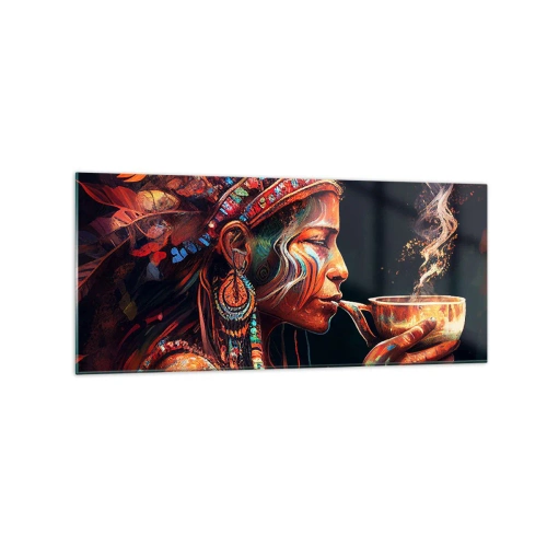 Cuadro sobre vidrio - Impresiones sobre Vidrio - Una colorida figura de estilo étnico con una taza de bebida humeante. - 120x50cm - Un ritual mágico - Decoración de pared moderna para salón y dormitorio ARTTOR
