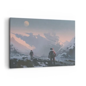 Cuadro sobre lienzo - Impresión de Imagen - Astronautas en un planeta alienígena con una nave espacial destrozada - 120x80cm - Bajo una estrella desconocida - Decoración de pared moderna para salón y dormitorio ARTTOR
