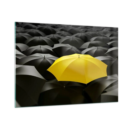 Cuadro sobre vidrio - Impresiones sobre Vidrio - Un paraguas amarillo que destaca entre los negros. - 100x70cm - Adiós a la tristeza - Decoración de pared moderna para salón y dormitorio ARTTOR