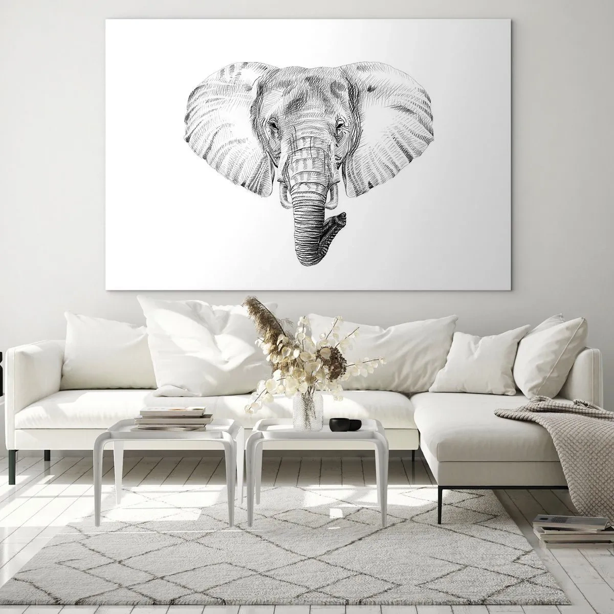 Cuadro sobre vidrio - Impresiones sobre Vidrio - Dibujo en blanco y negro de la cabeza de un elefante sobre un fondo blanco. - 100x70cm - Érase una vez un elefante... - Decoración de pared moderna para salón y dormitorio ARTTOR