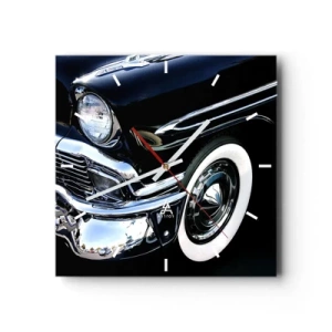 Reloj de pared - Reloj de vidrio - Primer plano del faro y el guardabarros de un coche clásico negro - 30x30cm - Clásicos en plata, negro y blanco - Decoración de pared moderna para salón y dormitorio ARTTOR