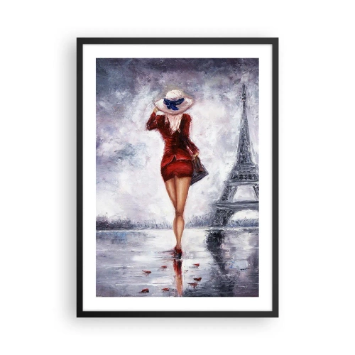 Póster en marco negro - Una mujer con un vestido rojo caminando hacia la Torre Eiffel. - 50x70cm - Símbolos parisinos - Decoración de pared moderna para salón y dormitorio ARTTOR
