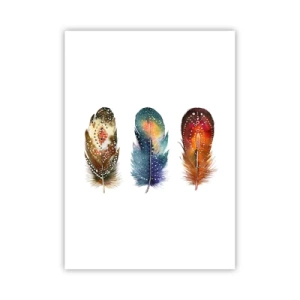Póster - Plumas de colores en un estilo artístico sobre un fondo blanco. - 50x70cm - Rituales, ceremonias, secretos - Decoración de pared moderna para salón y dormitorio ARTTOR