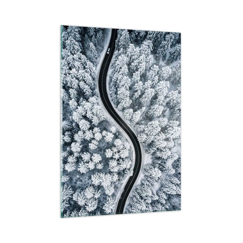 Cuadro sobre vidrio - Impresiones sobre Vidrio - Un camino sinuoso a través de un bosque invernal visto desde un dron. - 50x70cm - A través de un bosque invernal - Decoración de pared moderna para salón y dormitorio ARTTOR