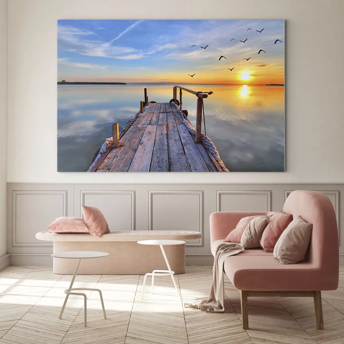 Cuadro sobre vidrio - Impresiones sobre Vidrio - Muelle de madera en el lago al atardecer - 100x70cm - Caminando hacia el sol - Decoración de pared moderna para salón y dormitorio ARTTOR