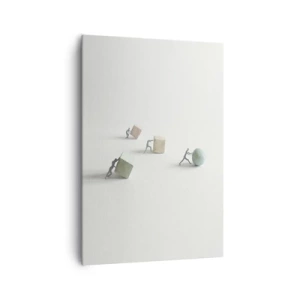 Cuadro sobre lienzo - Impresión de Imagen - Figuras en miniatura que empujan formas contra un fondo claro. - 70x100cm - El avance de la geometría - Decoración de pared moderna para salón y dormitorio ARTTOR