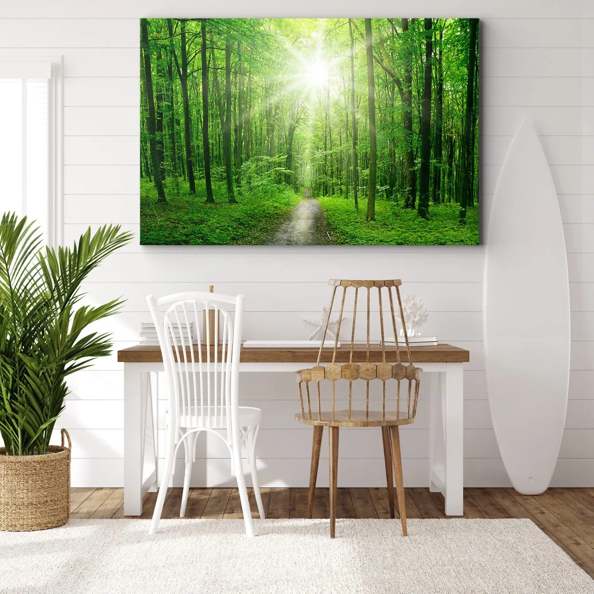 Cuadro sobre lienzo - Impresión de Imagen - Camino en el bosque con rayos de sol. - 120x80cm - Catedral verde - Decoración de pared moderna para salón y dormitorio ARTTOR