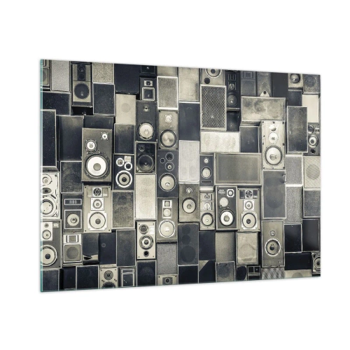 Cuadro sobre vidrio - Impresiones sobre Vidrio - Una composición de altavoces retro en tonos grises. - 100x70cm - Y todo fluye - Decoración de pared moderna para salón y dormitorio ARTTOR