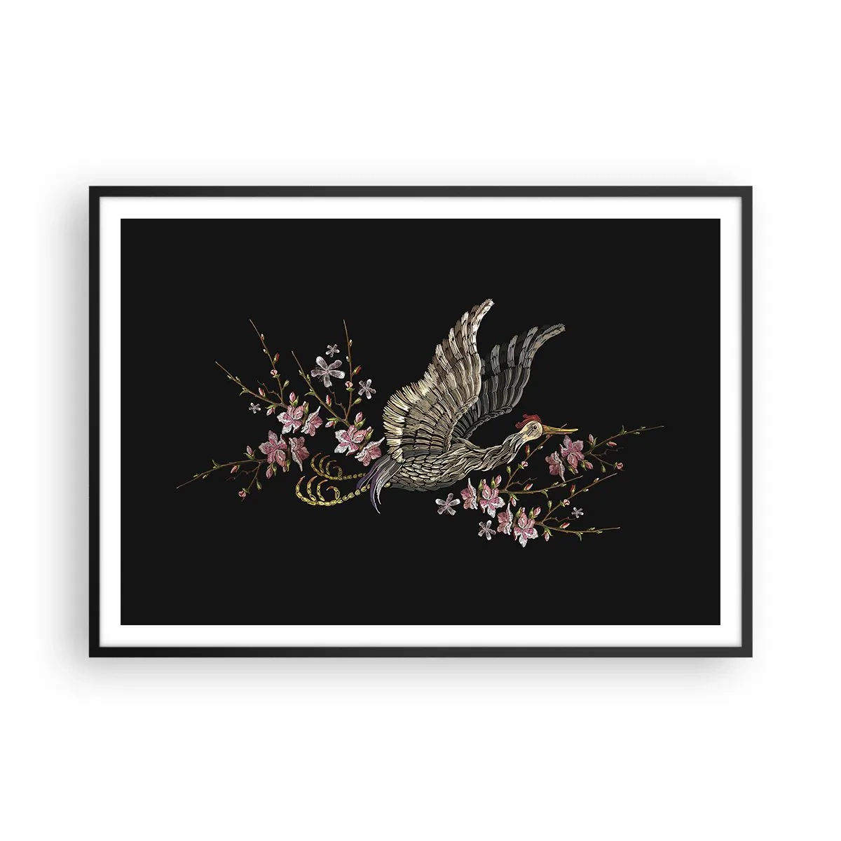 Póster en marco negro - Un pájaro en vuelo con flores sobre un fondo negro. - 100x70cm - Ave florida - Decoración de pared moderna para salón y dormitorio ARTTOR