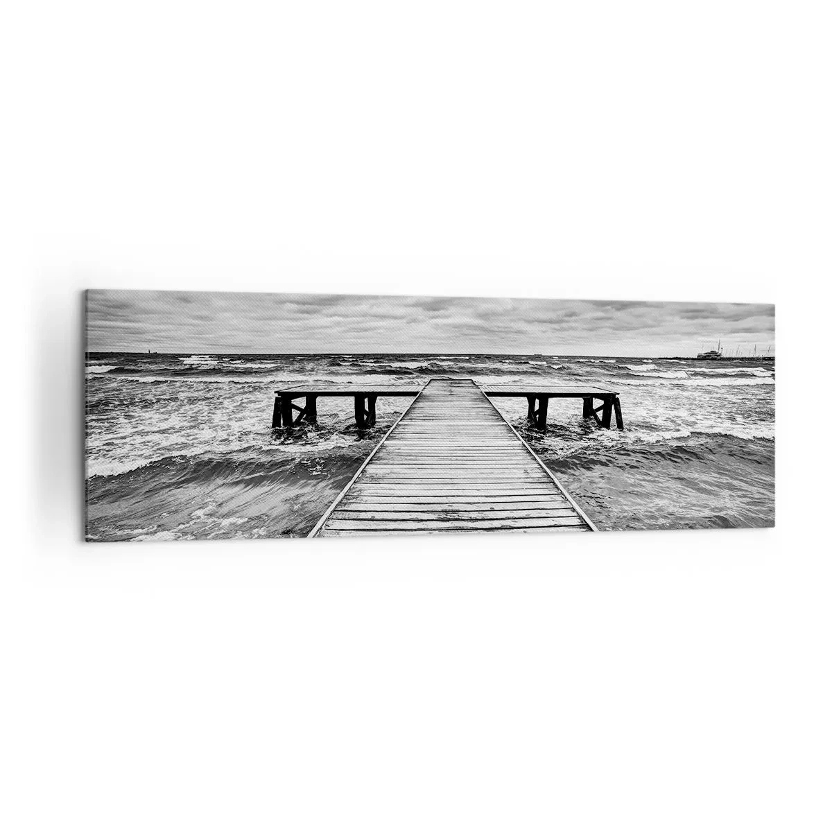 Cuadro sobre lienzo - Impresión de Imagen - Una vista en blanco y negro de un embarcadero de madera sobre un mar tempestuoso. - 160x50cm - Estoy esperando que sople el viento... - Decoración de pared moderna para salón y dormitorio ARTTOR