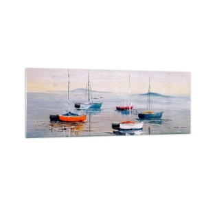 Cuadro sobre vidrio - Impresiones sobre Vidrio - Barcos coloridos en aguas tranquilas - 140x50cm - Un más que merecido descanso - Decoración de pared moderna para salón y dormitorio ARTTOR
