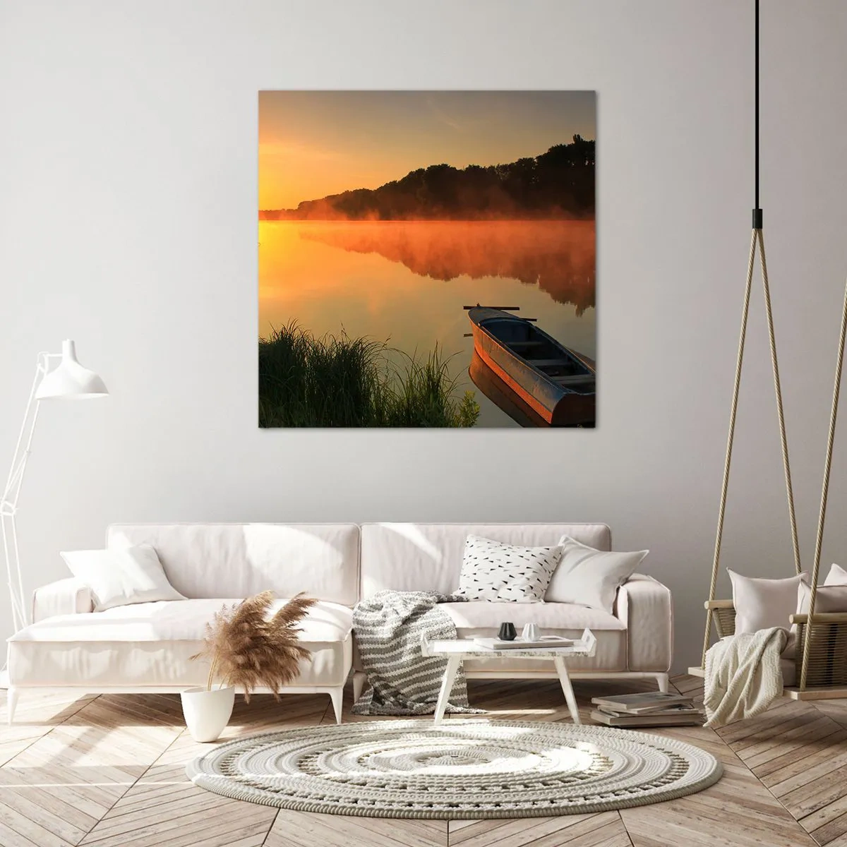 Cuadro sobre lienzo - Impresión de Imagen - Amanecer sobre el agua como la superficie de un espejo - 70x70 cm
