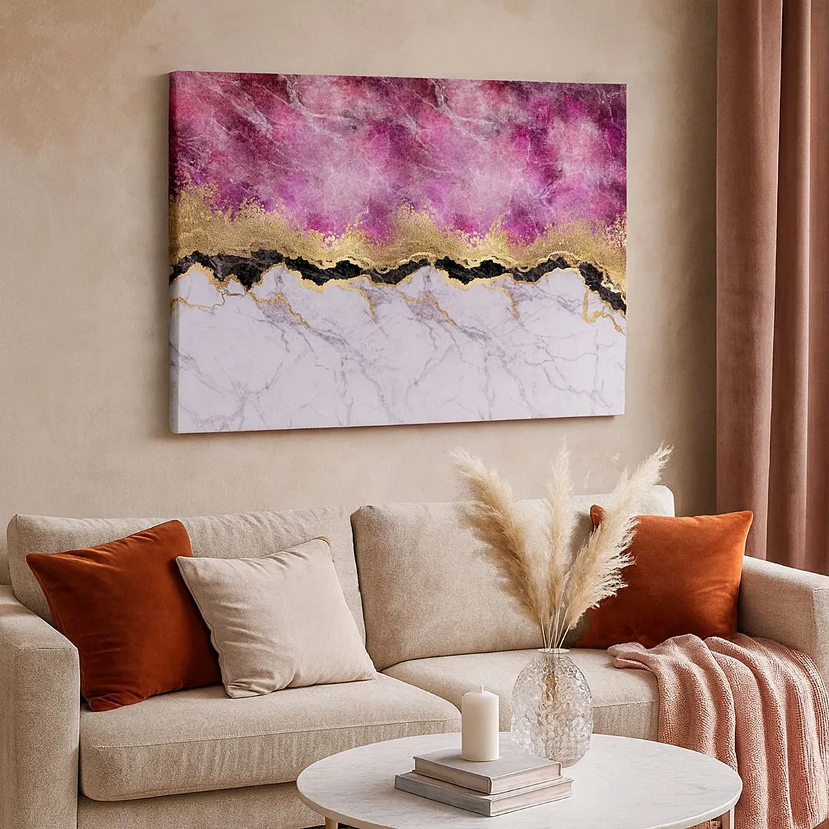 Cuadro sobre lienzo - Impresión de Imagen - Mármol abstracto en tonos rosa con acentos dorados. - 70x50cm - En la frontera - Decoración de pared moderna para salón y dormitorio ARTTOR