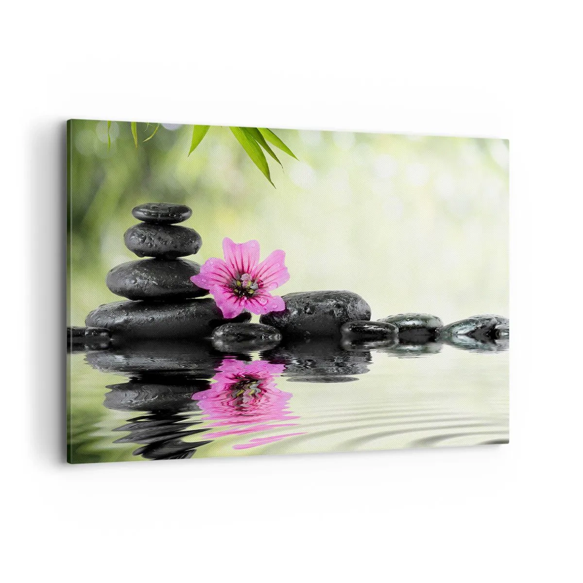 Cuadro sobre lienzo - Impresión de Imagen - Piedras zen y una flor rosa reflejada en el agua. - 100x70cm - Tiempo para el alma - Decoración de pared moderna para salón y dormitorio ARTTOR