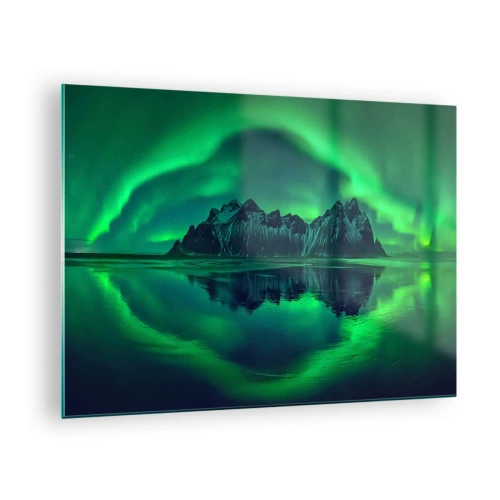 Cuadro sobre vidrio - Impresiones sobre Vidrio - La aurora boreal flotando sobre un paisaje montañoso y reflejándose en el agua. - 70x50cm - En los brazos de la aurora - Decoración de pared moderna para salón y dormitorio ARTTOR