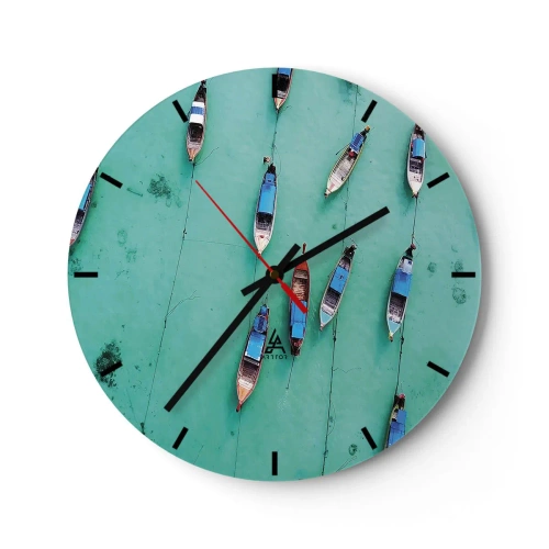 Reloj de pared - Reloj de vidrio - Vista aérea de barcos flotando en aguas turquesas. - 30x30cm - En alegre espera - Decoración de pared moderna para salón, cocina y dormitorio ARTTOR
