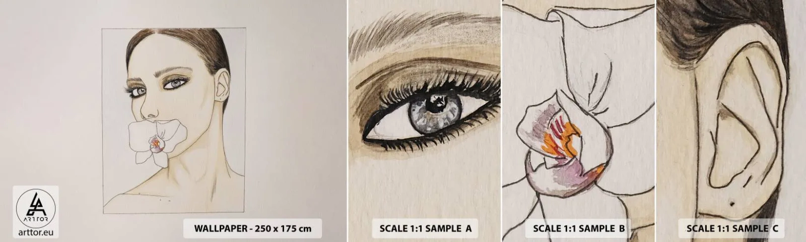 Muestra de fotomural autoadhesivo Deluxe Sticker - Elegancia y belleza - Abstracción, Pedazo, Mujer - 100x30 cm