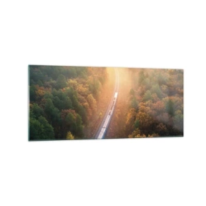 Cuadro sobre vidrio - Impresiones sobre Vidrio - Un tren en un bosque otoñal al amanecer. - 120x50cm - Un viaje otoñal - Decoración de pared moderna para salón y dormitorio ARTTOR