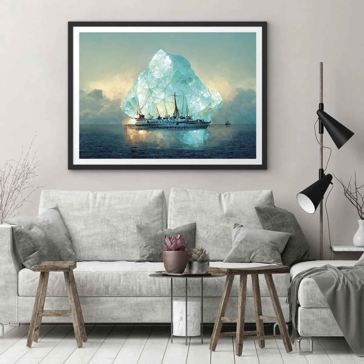 Póster en marco negro - Un barco con un majestuoso iceberg al fondo. - 100x70cm - Diamante ártico - Decoración de pared moderna para salón y dormitorio ARTTOR