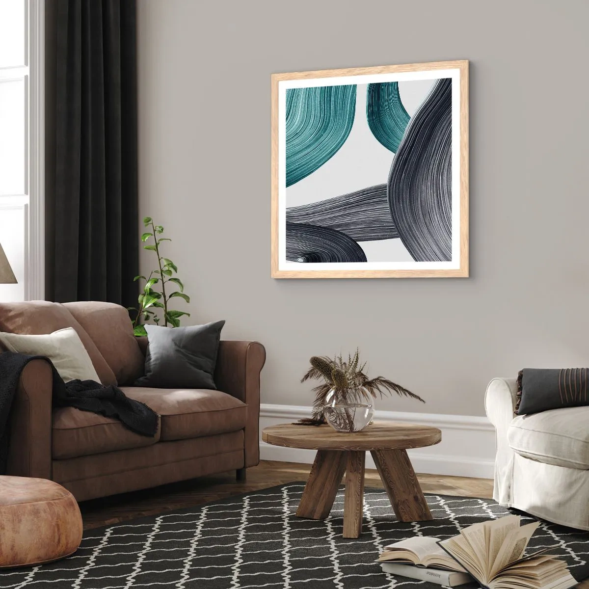 Póster en marco roble claro - Senderos esmeralda y negro - 60x60 cm