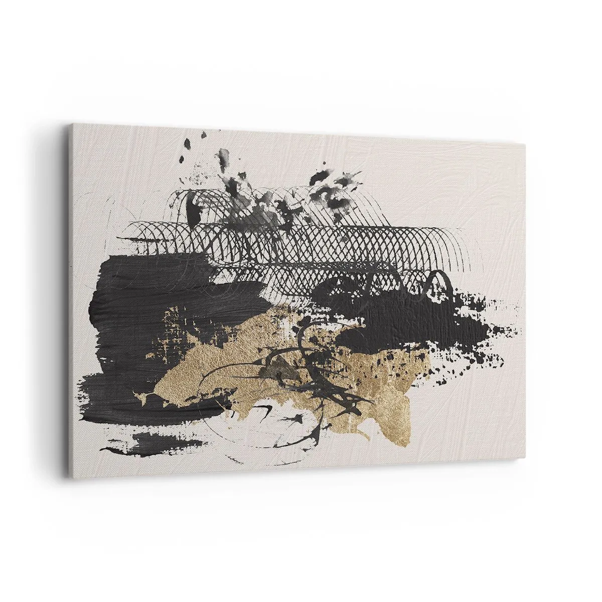 Cuadro sobre lienzo - Impresión de Imagen - Una pintura abstracta en negro y dorado con líneas y estructuras dinámicas. - 100x70cm - Composición con pasión - Decoración de pared moderna para salón y dormitorio ARTTOR