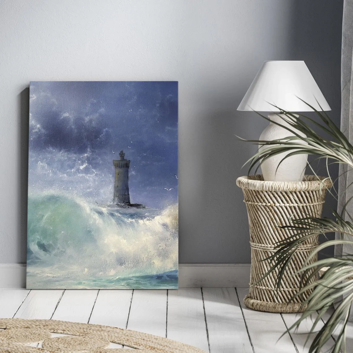 Cuadro sobre lienzo - Impresión de Imagen - Un faro rodeado de fuertes olas y nubes. - 50x70cm - En guardia contra los elementos - Decoración de pared moderna para salón y dormitorio ARTTOR