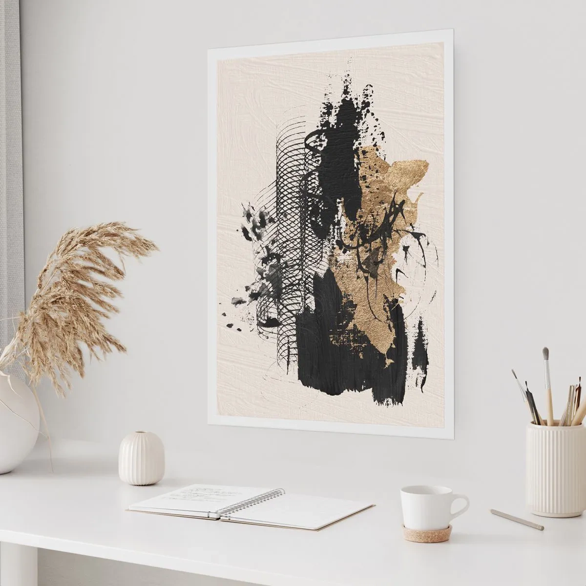 Póster - Composición abstracta en tonos negros y dorados. - 50x70cm - Composición con pasión - Decoración de pared moderna para salón y dormitorio ARTTOR