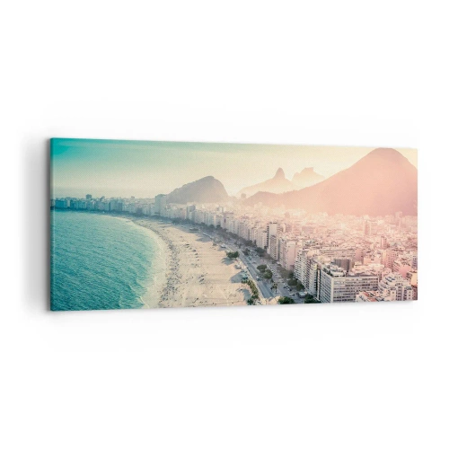 Cuadro sobre lienzo - Impresión de Imagen - Panorama de la playa de Copacabana con montañas al fondo en Río de Janeiro - 120x50cm - Vacaciones perpetuas en Río - Decoración de pared moderna para salón y dormitorio ARTTOR