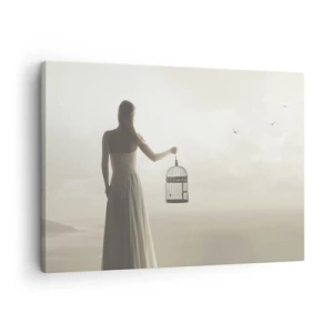 Cuadro sobre lienzo - Impresión de Imagen - Una mujer con una jaula contra un cielo en calma. - 70x50cm - Sé libre - Decoración de pared moderna para salón y dormitorio ARTTOR