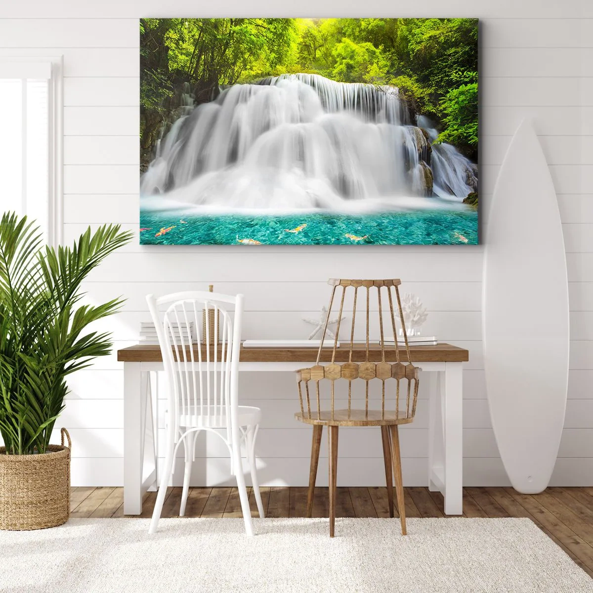 Cuadro sobre lienzo - Impresión de Imagen - Una cascada en un bosque tropical con agua turquesa. - 70x50cm - Cascada espumosa, de verde a azul - Decoración de pared moderna para salón y dormitorio ARTTOR