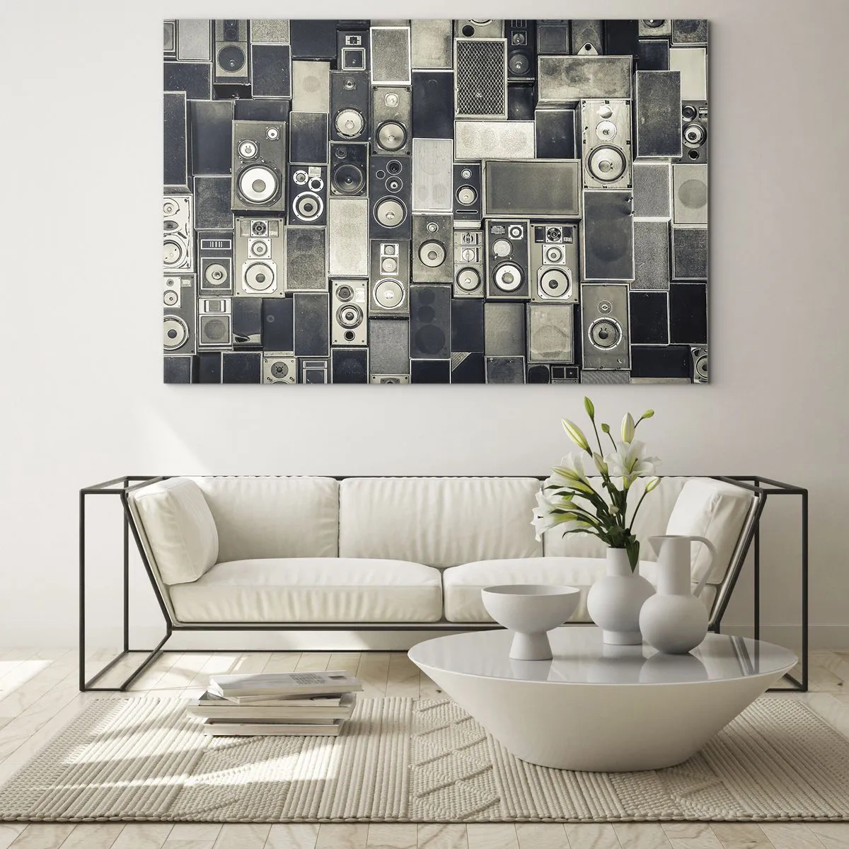 Cuadro sobre vidrio - Impresiones sobre Vidrio - Una composición de altavoces retro en tonos grises. - 70x50cm - Y todo fluye - Decoración de pared moderna para salón y dormitorio ARTTOR