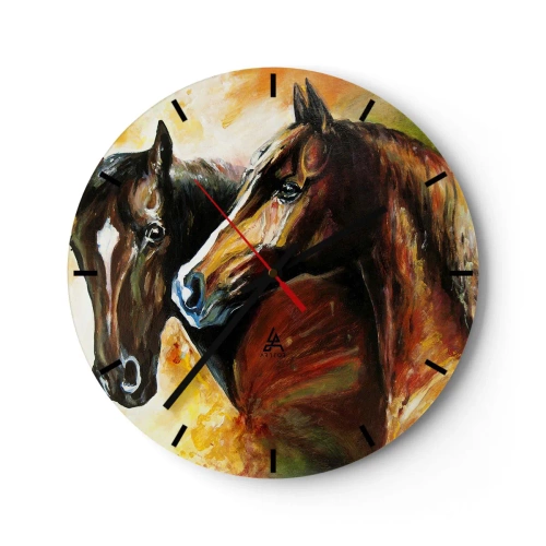 Reloj de pared - Reloj de vidrio - Dos caballos en un estilo artístico pintoresco y dinámico. - 30x30cm - El doble de encanto - Decoración de pared moderna para salón, cocina y dormitorio ARTTOR