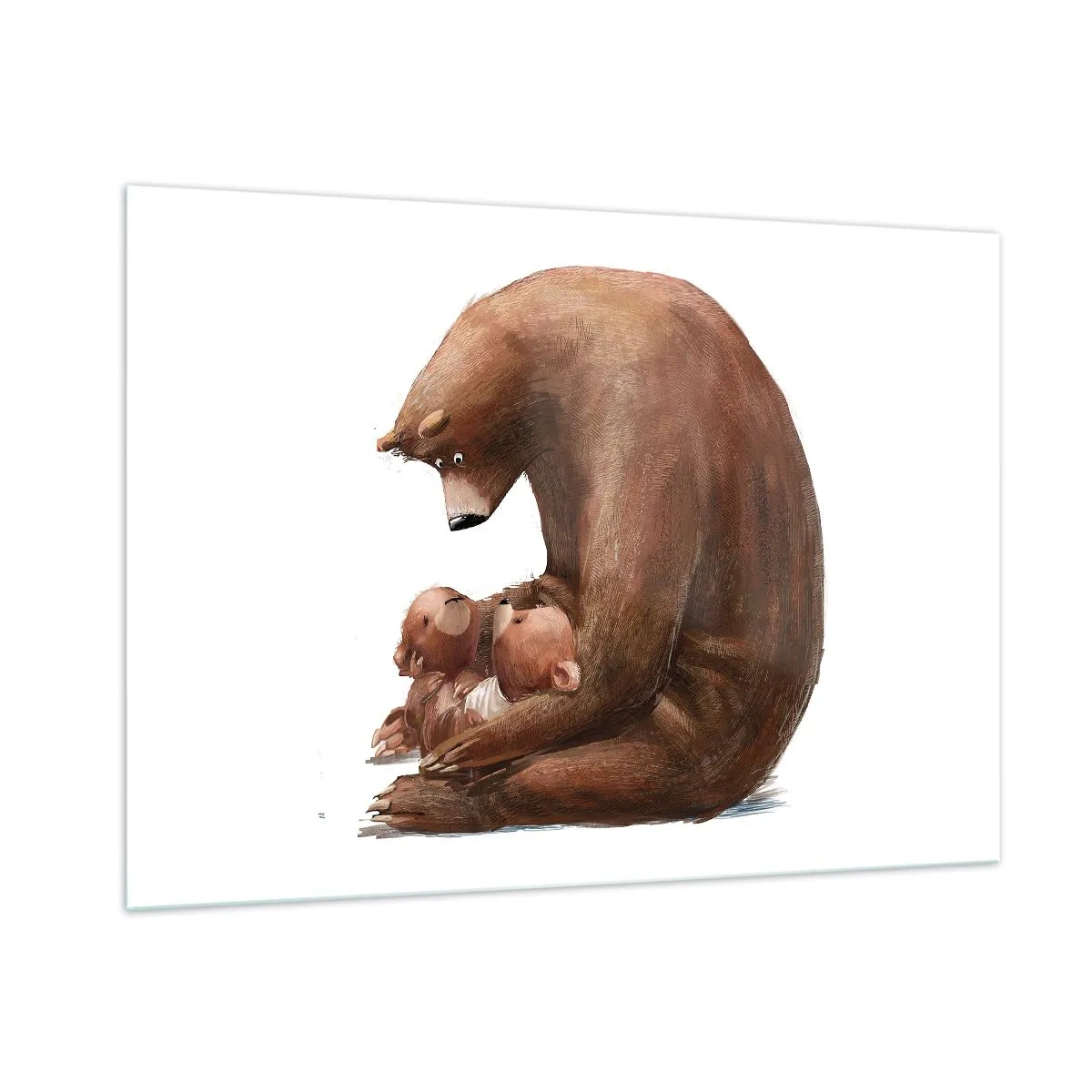 Cuadro sobre vidrio - Impresiones sobre Vidrio - Una madre osa abrazando a dos pequeños cachorros de oso - 100x70cm - Dulces sueños, niños - Decoración de pared moderna para salón y dormitorio ARTTOR
