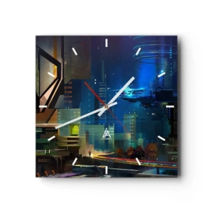 Reloj de pared - Reloj de vidrio - Ciudad futurista de noche con luces de neón y un vehículo volador. - 30x30cm - En un futuro próximo - Decoración de pared moderna para salón y dormitorio ARTTOR