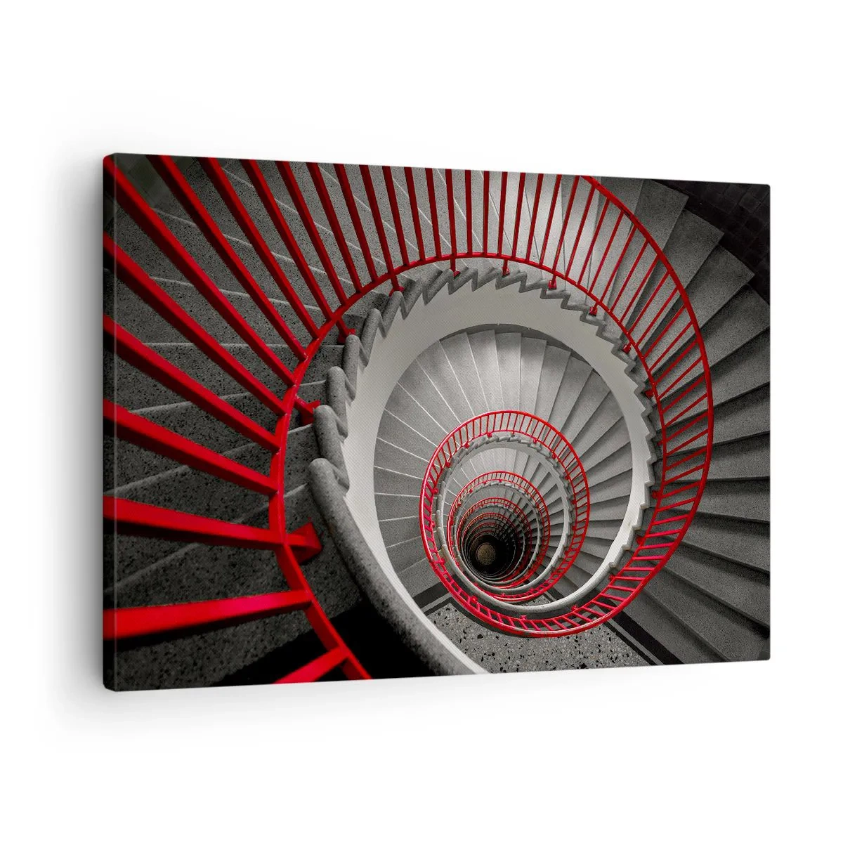 Cuadro sobre lienzo - Impresión de Imagen - Escalera de caracol con pasamanos rojos en perspectiva dinámica. - 70x50cm - Juegos arquitectónicos - Decoración de pared moderna para salón y dormitorio ARTTOR