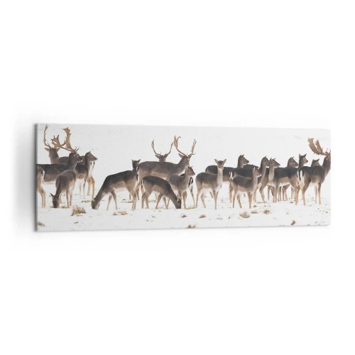 Cuadro sobre lienzo - Impresión de Imagen - Una manada de ciervos sobre un fondo nevado. - 160x50cm - ¿Se acerca la Navidad? - Decoración de pared moderna para salón y dormitorio ARTTOR