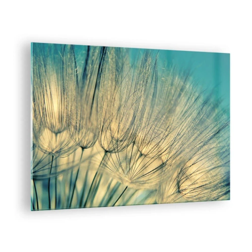 Cuadro sobre vidrio - Impresiones sobre Vidrio - Fotografía macro de un diente de león sobre un fondo turquesa. - 70x50cm - Esperando el viento - Decoración de pared moderna para salón y dormitorio ARTTOR